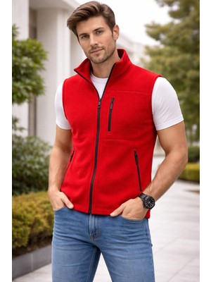 Dsnm Bizim Terzi Dsnm Kırmızı Polar Yelek 3 Cepli Tam Fermuarlı Slim Fit Antipilling Tüylenme Yapmaz Hava Geçirmeez Softshell Polar