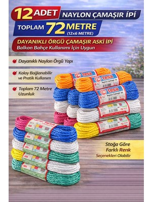 Renas Store 12 Adet Naylon Çamaşır Ipi 6 Metre Dayanıklı Örgü Çamaşır Askı Ipi Toplam 72 Metre