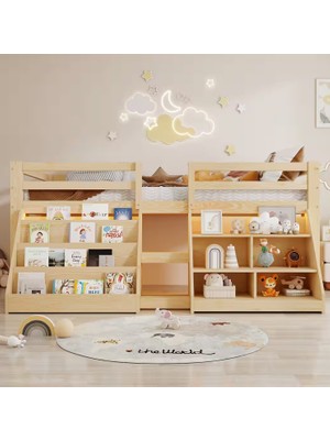 Sare Trade Hernest Montessori Karyola 90X200 cm Kitaplıklı ve Raflı Çocuk Yatağı – Oyun Evli Ahşap Yer Yatağı Doğal Masif Ahşap