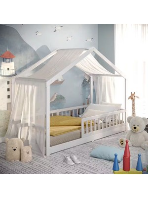 Sare Trade Hernest Montessori Ev Tipi Çocuk Yatağı 90X200 cm – Korumalı Ahşap Karyola, Çatılı Yer Yatağı, Beyaz Çocuk ve Genç Odası Yatağı