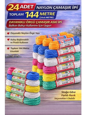 Renas Store 24 Adet Naylon Çamaşır Ipi 6 Metre Dayanıklı Örgü Çamaşır Askı Ipi Toplam 144 Metre