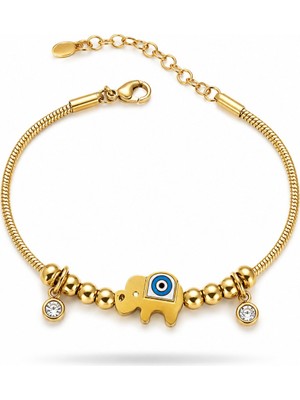 Serelya 316L Çelik Gold Renk Zirkon Taşlı Nazarlı Fil Tasarımlı Bileklik