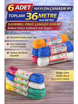Renas Store 6 Adet Naylon Çamaşır Ipi 6 Metre Dayanıklı Örgü Çamaşır Askı Ipi Toplam 36 Metre
