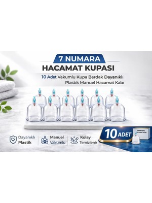 Renas Store 7 Numara Hacamat Kupası 10 Adet Vakumlu Kupa Bardak Dayanıklı Plastik Manuel Hacamat Kabı Seti