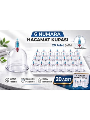 Renas Store 6 Numara Hacamat Kupası 20 Adet Vakumlu Kupa Bardak Dayanıklı Plastik Manuel Hacamat Kabı