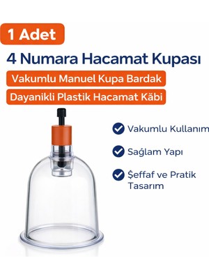 Renas Store 4 Numara Hacamat Kupası 1 Adet Vakumlu Manuel Kupa Bardak Dayanıklı Plastik Hacamat Kabı