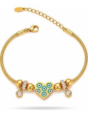Serelya 316L Çelik Gold Renk Zirkon Taşlı Nazarlı Kalp Tasarımlı Bileklik