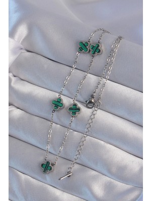Renas Store Mey Ithalat® 316L Çelik Gümüş Renk Minimal Yeşil Mineli Yonca Kolye