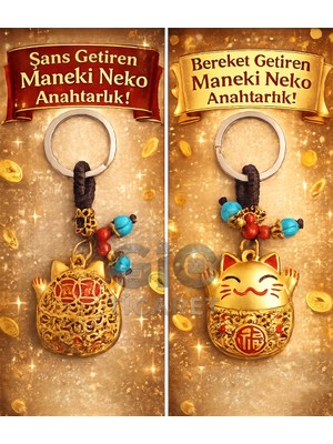 Gio Ticaret Şans Kedisi Maneki Neko Altın Renkli Bereket Anahtarlığı - Doğal Taş Detaylı Otantik Konsept Hediye