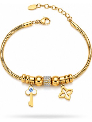 Serelya 316L Çelik Gold Renk Zirkon Taşlı Yonca Detay Nazarlı Anahtar Tasarımlı Bileklik