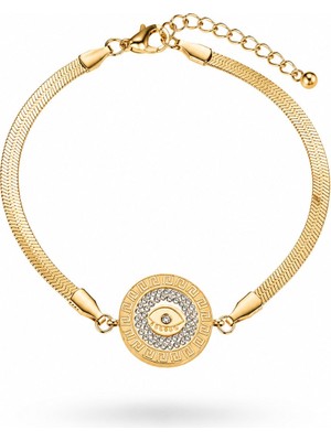 Serelya 316L Çelik Gold Renk Italyan Zincir Zirkon Taşlı Göz Işlemeli Madalyon Model Kadın Bileklik