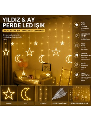 Eser Ticarett Yıldız Ay Perde LED Işık Sıcak Beyaz Dekoratif LED Perde Işık