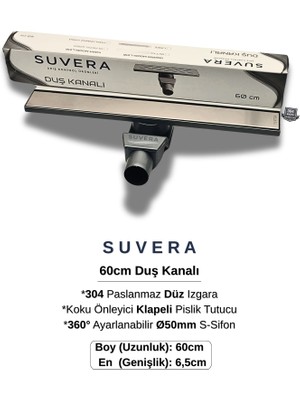 Suvera 60CM Paslanmaz Izgaralı Koku Önleyici Klapeli Duş Kanalı Takımı – Ø50 mm S-Sifon