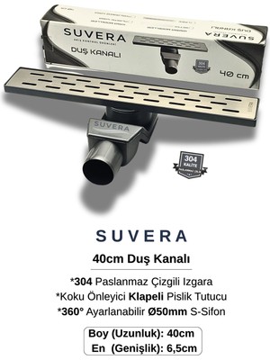 Suvera 40CM Paslanmaz Izgaralı Koku Önleyici Klapeli Duş Kanalı Takımı – Ø50 mm S-Sifon