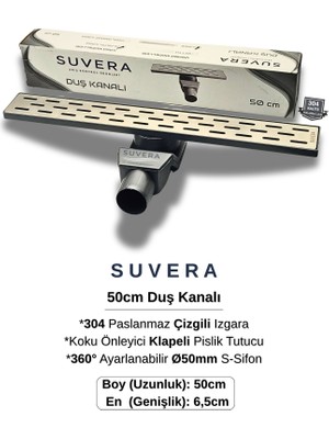 Suvera 50CM Paslanmaz Izgaralı Koku Önleyici Klapeli Duş Kanalı Takımı – Ø50 mm S-Sifon