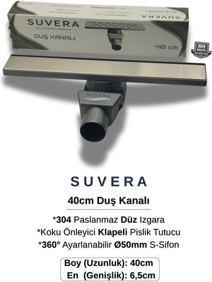 Suvera 40CM Paslanmaz Izgaralı Koku Önleyici Klapeli Duş Kanalı Takımı – Ø50 mm S-Sifon