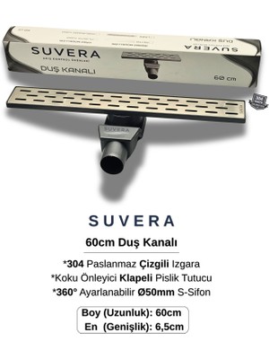 Suvera 60CM Paslanmaz Izgaralı Koku Önleyici Klapeli Duş Kanalı Takımı – Ø50 mm S-Sifon