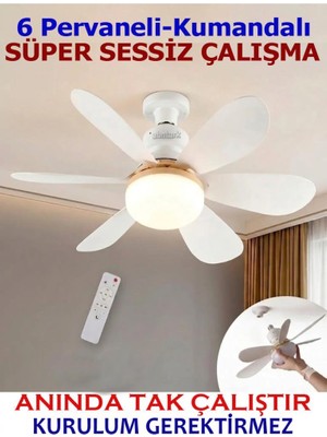 Abnturk Enerji Tasarruflu LED Işıklı Uzaktan Kumandalı 6 Pervane Tavan Vantilatörü Sessiz Çalışan 2 Yıl Garanti Türk Malı Tavandaki E27 Standart Duya Takılarak Anında Çalışan Ev, Işyeri, Ofis Hava Serinletici