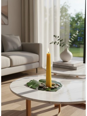 AY IŞIĞI MUMLARI Dikey Çizgili Huni Şamdan Hediyelik Dekoratif Kavun Kokulu Soya Wax Mum (Sarı Renkli)