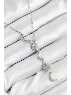 Uravas Store 316L Çelik Zirkon Taşlı Güneş ve Ay Model Gümüş Renk Kadın Kolye - TJ-BKO10549