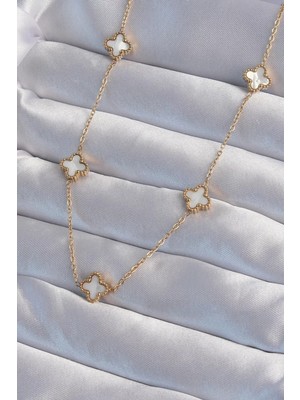 Uravas Store 316L Çelik Gold Renk Minimal Beyaz Sedefli Yonca Kolye - TJ-BKO9002