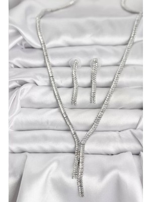 Uravas Store Gümüş Renk Baget Zirkon Taşlı Kadın Kolye Küpe Set - TJ-BKO10637