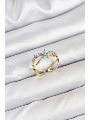 Uravas Store Pirinç Gold Renk Zirkon Taşlı Mavi Çiçekli Kadın Yüzük - TJ-BYK3834