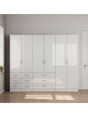 Sare Trade Hernest 6 Kapılı 9 Çekmeceli Çok Amaçlı Gardırop Beyaz Parlak Kapaklı Elbise Dolabı 240X55X200 cm