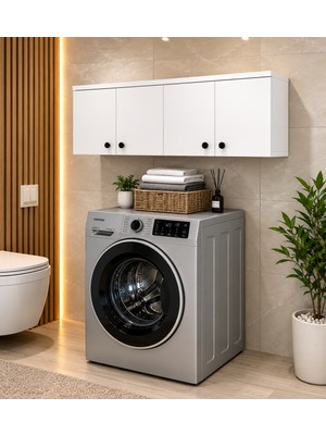 Nenu Nova Çamaşır Makinesi Üstü Dolap 4 Kapaklı Banyo Dolabı Duvar Raflı Çok Amaçlı Düzenleyici Beyaz