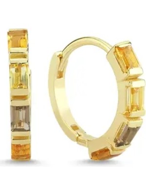 9YirmiBeş 925 Ayar Gümüş 14K Gold Kaplama Amber Baget Taşlı Halka Küpe