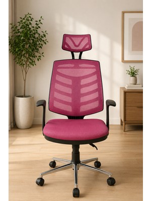 Ofiscore Ergonomik Pembe Başlıklı Ofis Koltuğu – Fileli Çalışma ve Bilgisayar Koltuğu, Krom Ayaklı Home Office Koltuğu