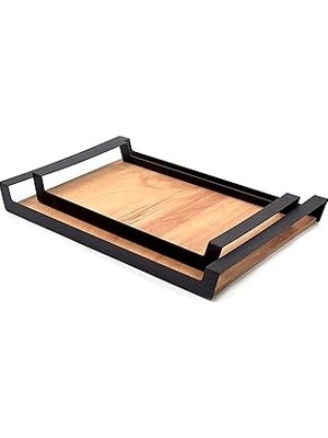 Uravas Store Pratikoutdoor Küçük Ham Renk Servis ve Sunum Tepsisi, Metal Kulplu Ahşap Tepsi - 42X22,5 cm