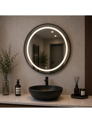 Redpool24 Minimal Siyah Çerçeve LED Ayna | 60 cm Yuvarlak LED Ayna | Dekoratif Işıklı Banyo Aynası | Alüminyum Kasa Modern Ayna