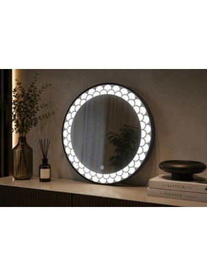Redpool24 Beyaz Petek Premium LED Ayna | 60 cm Yuvarlak LED Ayna | Dekoratif Işıklı Banyo Aynası | Alüminyum Kasa Modern Ayna