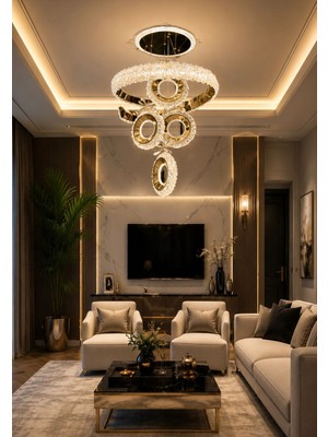 Yeni Model 4 Sarkıt  Lüx Çemberli  LED Avize Gold Renk 3 Işık Seçeneği Ithal Model
