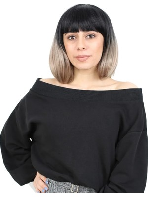 Uravas Store Kısa Küt Perçemli Fiber Sen Peruk / Siyah / Küllü Bebek Sarı Ombreli