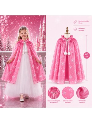 Go İthalat Kar Tanesi Desenli Pembe Elsa Pelerini - Astarlı Frozen Pelerini 85 cm (784)