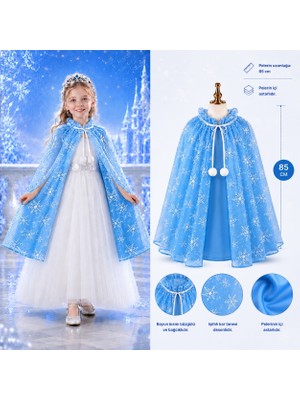 Go İthalat Kar Tanesi Desenli Mavi Elsa Pelerini - Astarlı Frozen Pelerini 85 cm (784)