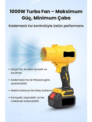 Go İthalat 21V Kablosuz Hava Üfleyici | 32.000RPM Turbo Fan, 12.000MAH Batarya, Bahçe & Araç Kurutma / Sarı (5250)