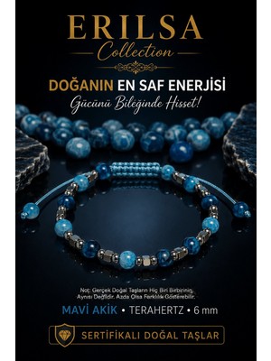 Erilsa Sertifikalı Erılsa Mavi Akik Terahertz Doğal Taş Bileklik 6 mm Ayarlanabilir Premium Tasarım