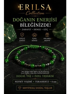 Erilsa Sertifikalı Erılsa Nefrit Yeşimi Terahertz Doğal Taş Bileklik 6 mm El Yapımı Ayarlanabilir