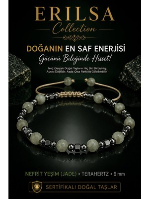 Erilsa Erılsa Sertifikalı Ham Nefrit Yeşim Jade Terahertz Doğal Taş Bileklik 6 mm Ayarlamalı Lüks Tasarım