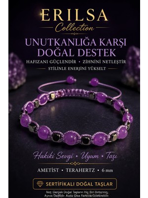 Erilsa Sertifikalı Erılsa Ametist Terahertz Doğal Taş Bileklik 6 mm Ayarlanabilir El Yapımı Premium