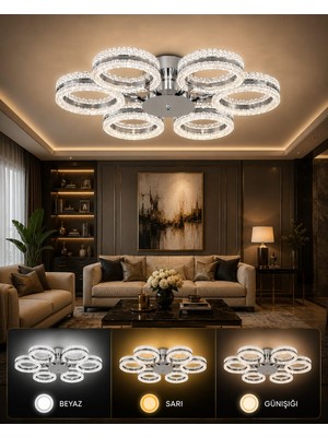 Marsel Lighting Alya 6lı Gold Avize 3 Renk LED Isıklı Salon Oturma Odası Avize