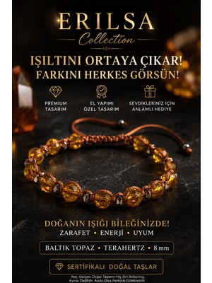 Erilsa Sertifikalı Erılsa Baltık Topaz Terahertz Doğal Taş Bileklik 8 mm Ayarlanabilir El Yapımı Unisex