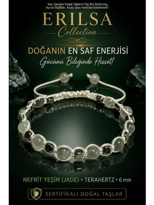 Erilsa Erılsa Sertifikalı Nefrit Yeşim (Jade) Taşı Bileklik 6 mm Ayarlamalı El Yapımı Doğal Taş Bileklik
