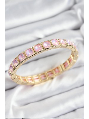 TeknoKapsül Pirinç Pembe Zirkon Taşlı Kare Model Gold Renk Lastikli Kadın Bileklik