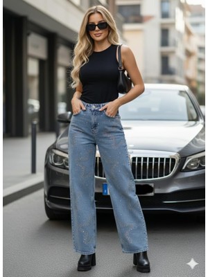 Blue Da Kadın Taşlı Kot Pantolon  Likralı Palazzzo