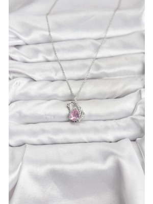 Uravas Store Mey Ithalat® 316L Çelik Zincir Gümüş Renk Pembe Kuğu Model Zirkon Taşlı Kadın Kolye
