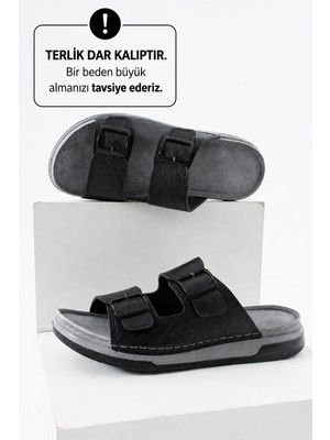 Adımist Erkek Deri(Suni) Ortopedik Çift Monta Taban Ayarlı Dikişli Şık Ev Dışarı Terliği (DAR KALIPTIR)